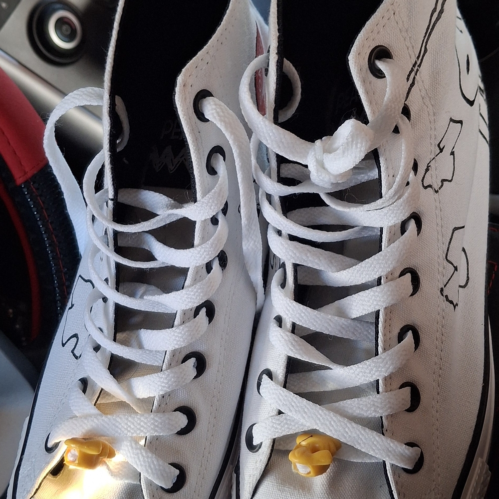 Converse White High-Tops with Red and Black Details
